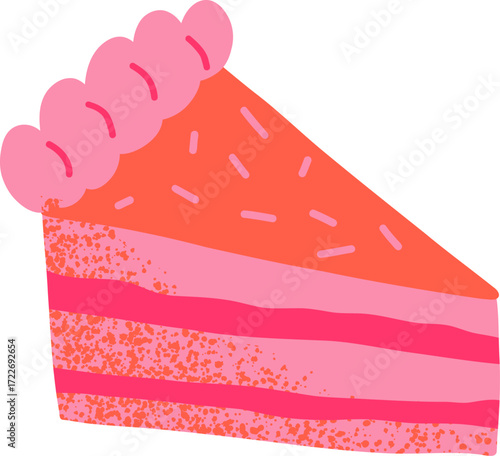 A colorful slice of layered cake with frosting and sprinkles