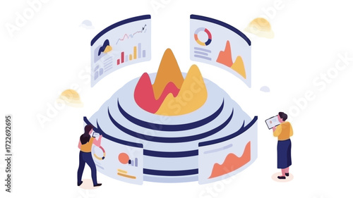 Data analysts interpreting complex charts on a futuristic data platform with clean lines and pastel