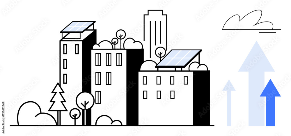 Fototapeta premium Cityscape of buildings with solar panels beside growing arrows and minimal trees. Ideal for sustainability, eco-technology, renewable energy, urban planning, environmental growth, clean energy