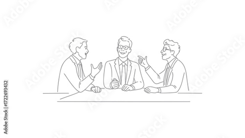 Animated business team collaborates and brainstorms ideas at a conference table clean monochrome