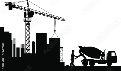 Construction site silhouette, tower crane illustration, concrete mixer truck artwork, worker with hard hat, building structure graphic, black silhouette design, industry concept