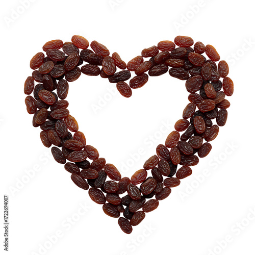 Delicious raisins artfully arranged into a perfect heart shape symbolizing love, health, and sweet indulgence, ideal for food concepts