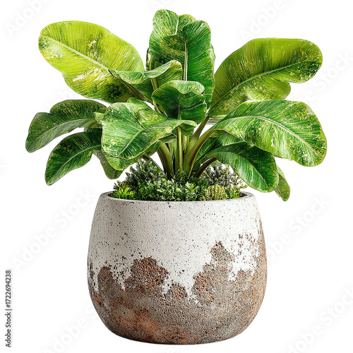 Large patio planter with banana plant, broad tropical leaves with natural gradient, sturdy concrete base, isolated transparent background