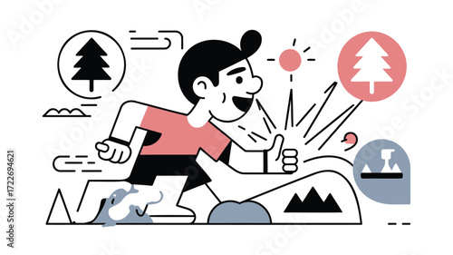 Energetic young man hiking trails with a smile adventure nature and overcoming challenge art with