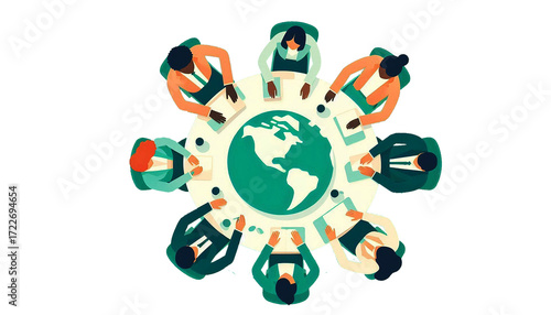 Simple and flat illustration with top down view of diverse colleagues composed of minimal geometric shapes working at a round table with a globe shown on a transparent background.