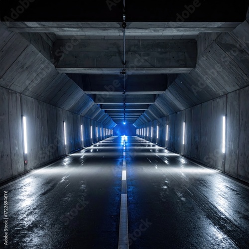 Concrete tunnel, lit by blue lights