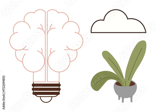 Brain-shaped light bulb as creativity, green potted plant symbolizes growth, cloud idea storage. Ideal for innovation, growth, sustainability, green energy, brainstorming, eco-friendly design simple