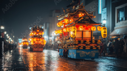 Illuminated Floats on Rainy Street at Night During Takayama Autumn Festival in Japan