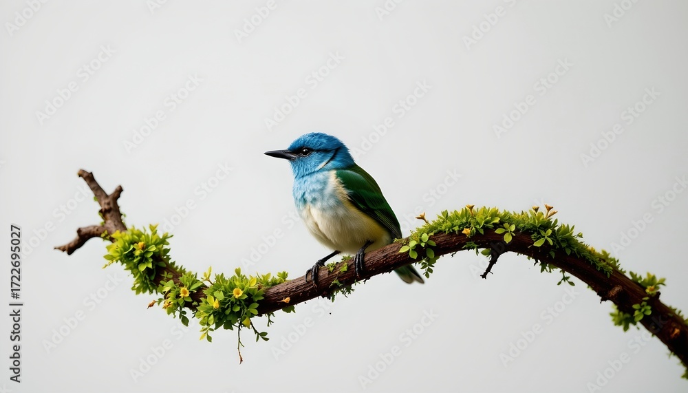 Naklejka premium Vibrant Bird Mosscovered Branch Soft Light