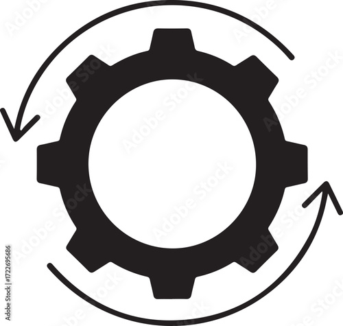 Illustration of black gear with circular arrows indicating process or cycle isolated on white background