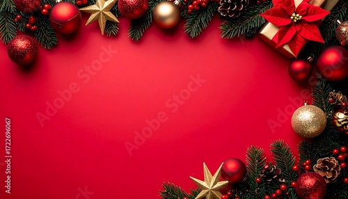 Christmas Decorations on Red Background.