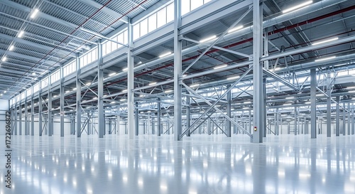 Empty warehouse interior industrial building factory space storage distribution center steel structure