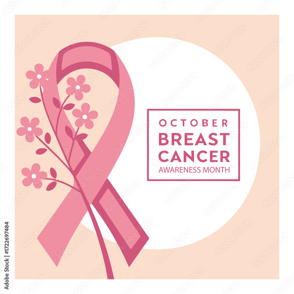 Obraz premium Pink ribbon with flowers breast cancer awareness october month support message