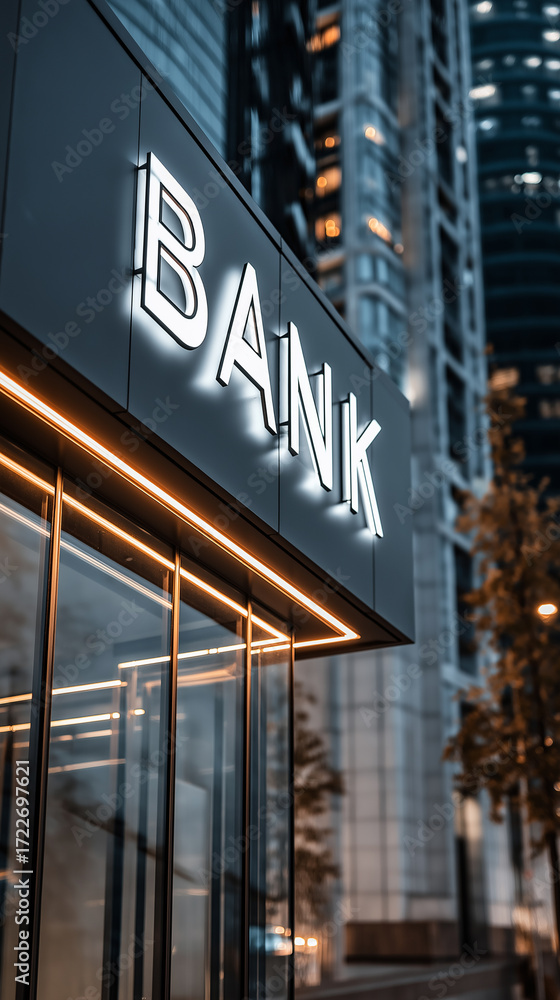 Obraz premium Modern bank building with illuminated sign in financial district. 