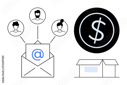 Email envelope links diverse profiles, dollar coin highlights finance, and package implies e-commerce. Ideal for communication, teamwork, business, marketing, remote work, e-commerce digital