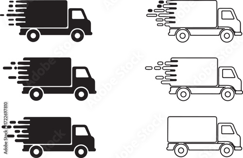 Illustration of set of six fast delivery truck icons isolated on white background
