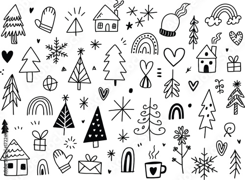 Whimsical hand-drawn winter icons and festive elements for holiday design