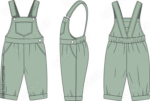 Infant overalls technical flat sketch drawing template with front pocket and buttons, unisex baby apparel vector illustration for fashion designers, front, back, side views.