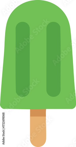 A vibrant green popsicle with two horizontal stripes, displayed on a light beige stick.