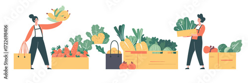 Women carrying fresh organic vegetables and fruit boxes from market and delivery, healthy eating concept, flat minimalist vector illustration