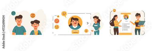 User satisfaction rating with emoji feedback, customer service operator with survey form, positive and negative review interaction flat vector illustration