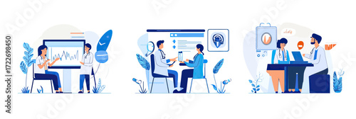 Online medical consultation telemedicine scenes with doctors and patients using digital devices for health advice and prescription in flat style vector