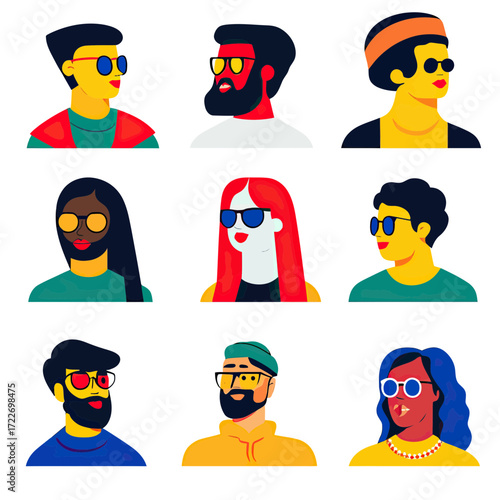 Diverse group of fashionable people with sunglasses in flat minimalist vector style colorful portraits of men and women with different hairstyles and accessories