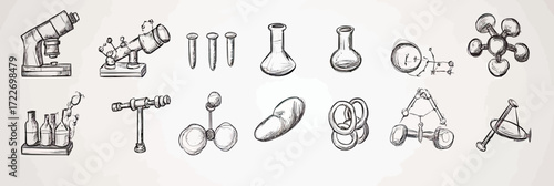 Hand drawn laboratory science doodle set with microscope test tubes molecular structures chemical flasks and molecular models in sketch style vector illustration educational chemistry concept
