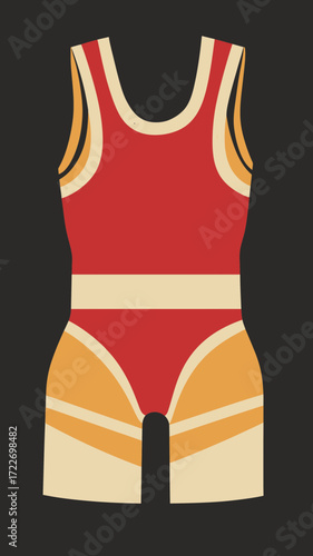 Minimalist flat vector illustration of red wrestling singlet with yellow and beige accents sportswear athletic uniform for wrestling competitions and training gear design