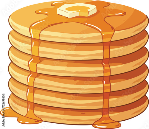 A stack of golden pancakes with melting butter and flowing maple syrup.