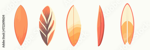 Set of five colorful stylized surfboards with various minimalistic designs in warm orange and beige tones isolated on white background flat vector illustration