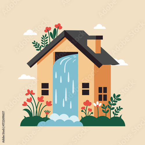 A charming flat-design illustration depicts a small house with a vibrant waterfall cascading from its open doorway, surrounded by lush flora and soft clouds.