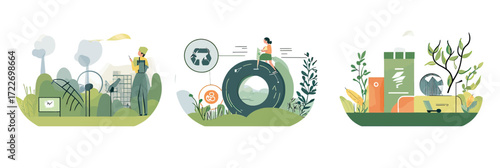 Sustainable renewable energy wind turbines and solar panels with worker, recycling tire concept with eco icons, green energy battery and nature growth flat vector illustration set
