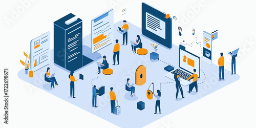 Isometric business data analysis and online research workflow with people interacting with digital documents devices and charts in modern office environment