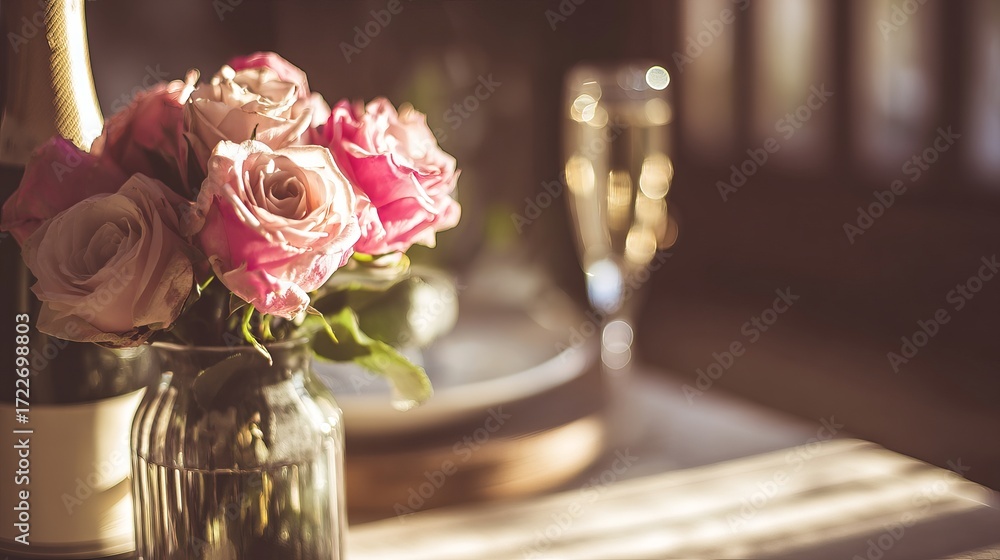 Fototapeta premium Bouquet of Champagne and Pink Roses in Glass Vase Against a Warm Summer Still Life Background