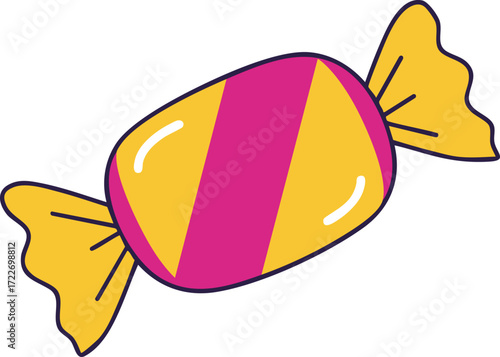 A bright yellow and pink striped wrapped candy with twisted ends.