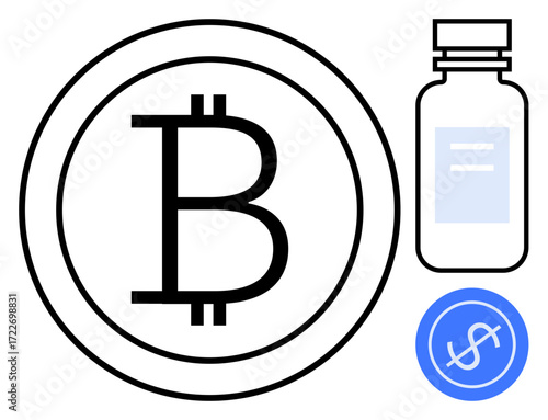 Bitcoin symbol inside a circle, medicine bottle, and dollar icon together. Ideal for finance, healthcare, technology, blockchain, cryptocurrency medicine and payment. Simple flat metaphor