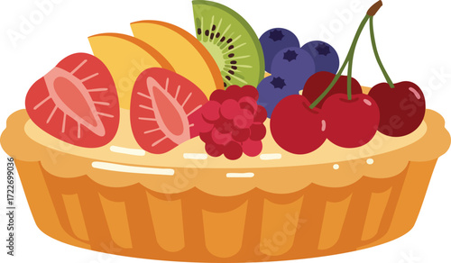 A fruit tart with strawberries, blueberries, cherries, kiwi, peach slices, and raspberries.