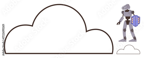 Robot holding shield near large and small cloud outlines symbolizing data protection, cloud computing, cybersecurity, and artificial intelligence. Ideal for concepts thumbs up innovation, safety