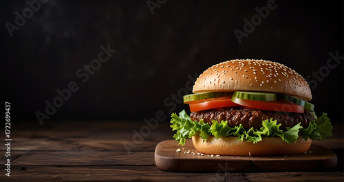 The cheese burger is melting. Fresh and delicious with onions and lettuce.Dark background