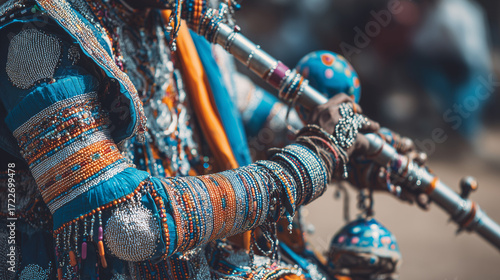 Traditional Rajasthani musician playing decorated wind instrument at Rajasthan International Folk Festival