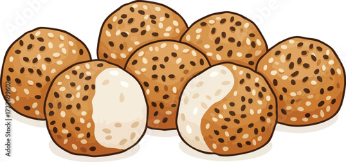 Sesame balls, some halved, showing creamy filling.