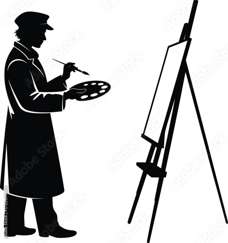 Artist silhouette painting canvas, painter at easel, creative artwork, artistic creation, fine art concept, painter illustration, studio work, artistic lifestyle