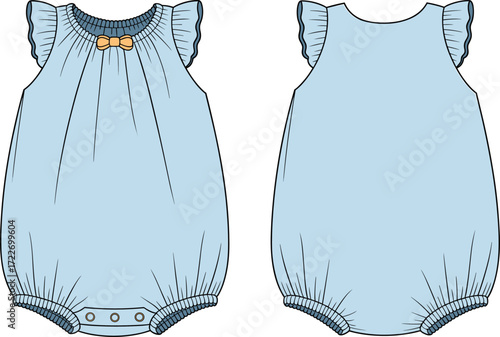 Baby girl ruffled sleeveless romper flat sketch technical drawing template, summer clothing design illustration for fashion, front and back views with bow detail.