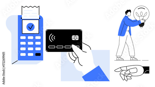 Card taps payment terminal for transaction. Person holds lightbulb symbolizing innovation. Hand points, digital interaction emphasized. Ideal for finance, retail, modern payment, technology