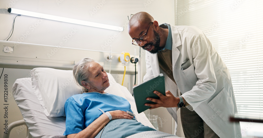 Fototapeta premium Hospital, old woman and doctor with tablet, checkup and diagnosis with healthcare. Consultation, medical service or elderly person in clinic, physician or tech for results, appointment or examination