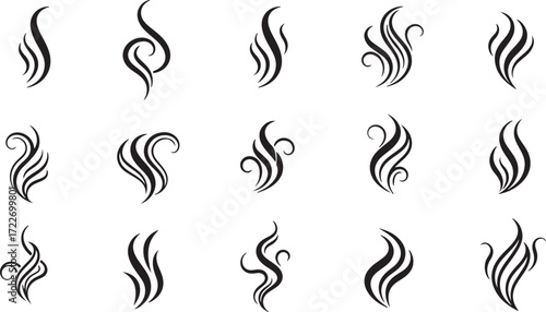Illustration of collection of stylized smoke or steam icons isolated on white background