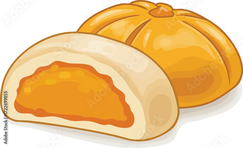 A halved and whole pumpkin-flavored bao bun.