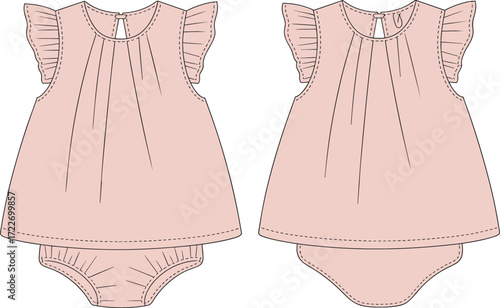 Ruffled sleeve baby girl dress technical drawing template, newborn clothes design illustration for fashion designers, infant summer apparel sketch vector, front and back view.