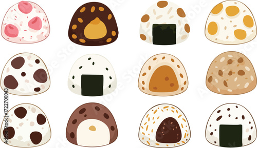 Illustration of twelve onigiri rice balls with various fillings and toppings.